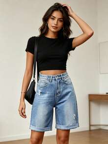Quần jeans nữ dáng lửng, phong cách thường ngày, chất liệu denim rách, kiểu dáng rộng rãi, họa tiết rách, màu vintage, thích hợp cho mùa hè. - Rửa trung bình - Xem 2