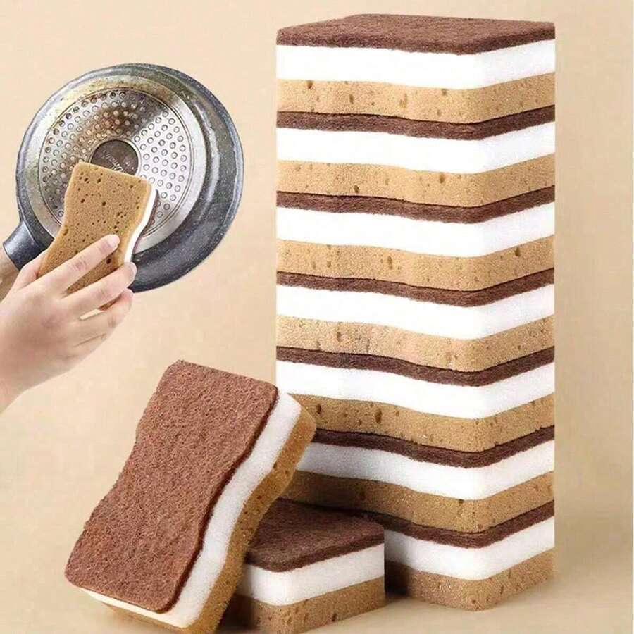1/5/10pcs Brown Seaweed Shaped 3-Layer Double-Sided Powerful Cleaning Sponge, Suitable For Kitchen Dishwashing - A - View 1