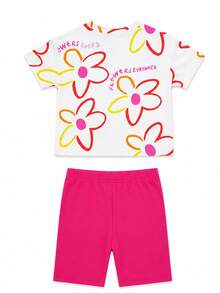 4-8 Years Old Girls Cute Street Style T-Shirt Set - Floral Print T-Shirt + Pink Bike Shorts - Adorable Cool Summer Outfit - Hot Pink - View 5