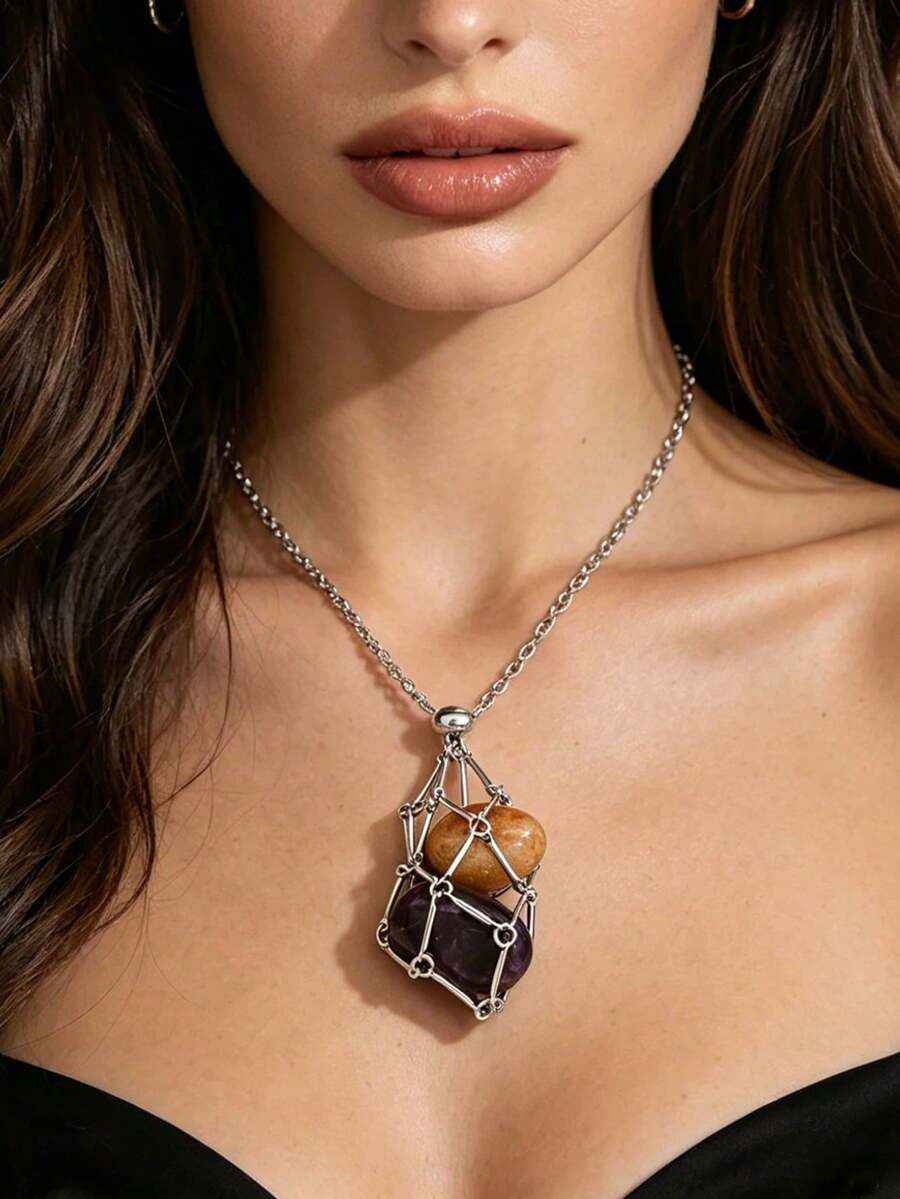 1 Collar de cadena de clavícula de acero inoxidable con colgante de malla individual de diseño creativo DIY, accesorio de moda para mujer para uso diario, fiesta y vacaciones (sin decoración de colgante de cristal)
