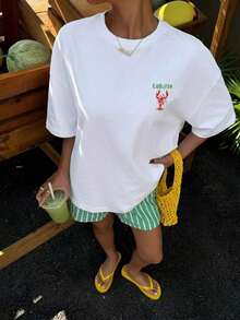 Esta camiseta informal de manga corta para mujer, de cuello redondo, en blanco y negro, presenta estampados de dibujos animados, letras y animales, ideal para el verano, la playa y las vacaciones. Confeccionada con tejido 100% algodón puro de 200 g, esta camiseta de manga corta de alta calidad es suave y cómoda, convirtiéndola en una prenda esencial para el día a día. - Blanco - Ver 2