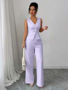 Conjunto de camiseta sin mangas y pantalones elegante para mujer, estilo de oficina y transporte, atuendo de otoño para maestros - Púrpura malva - Ver 4