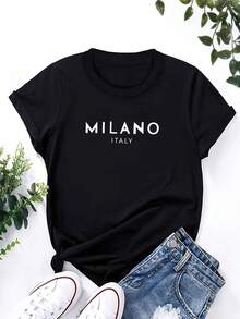 Camiseta de algodón de manga corta para mujer, 1 pieza, camiseta casual de cuello redondo para mujer, top de verano de manga corta con estampado de letras italianas de Milán, adecuada para longitud regular. - Negro - Ver 5