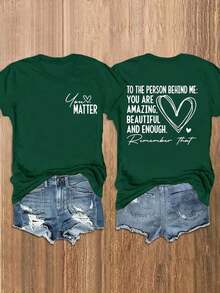 Camiseta de cuello redondo de manga corta con estampado de lema de verano informal para mujer - Verde Oscuro - Ver 6