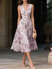Vestido de gasa floral vintage elegante de largo medio, sin mangas con cuello en V y falda acampanada, para mujeres de vacaciones - Púrpura malva - Ver 5