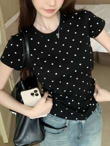 Áo thun nữ cổ tròn tay ngắn, kiểu dáng chấm bi cao cấp mùa hè mới, thời trang ôm sát tôn dáng, phong cách Mỹ. - màu đen - Xem 8