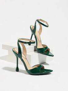 Jin Bei Qi Giày sandal cao gót nữ, thích hợp cho tiệc tùng, hoạt động ngoài trời, thời trang, dự tiệc sang trọng, mũi nhọn, gót bất đối xứng bằng da PU gợi cảm, quai ngang mắt cá chân, khóa cài, chất liệu cao cấp, quai ngang mắt cá chân quyến rũ, màu xanh lá cây thanh lịch, giày cao gót thời trang thường ngày. - màu xanh lá - Xem 7