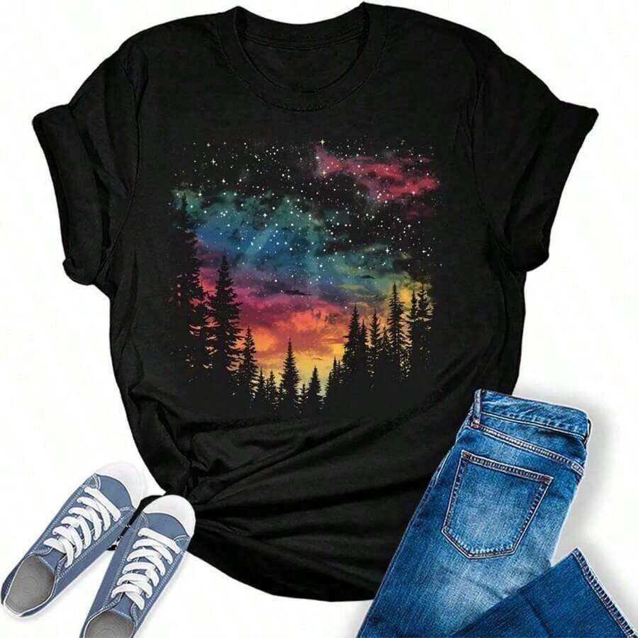 Camiseta de senderismo para mujer, para montaña, camping, naturaleza, con estampado de pino y amanecer, manga corta, corte regular, camisetas gráficas de algodón cómodo. - Negro - Ver 1