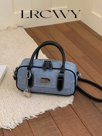 Women's Denim Blue Handbag, Fashion Personalized Crossbody Bag With Charm