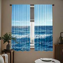 2pcs Wave Pattern Curtains, Wave Sky Design, Rod Pocket, Privacy Protection, Transparent Privacy Window Decor Suitable For Living Room, Bedroom And Office - Coastal Style Decorative Curtains, Suitable For All Seasons - Multicolor - View 6