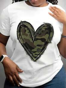 Women's Camouflage Heart Print T-Shirt, Soft And Breathable Cotton, Short Sleeve, Round Neck, For Everyday Wear In Spring And Summer, Casual Camouflage Print T-Shirt. KLXB - 白色 - 查看 11