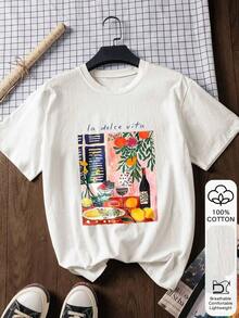 Damblus med grafiskt tryck, 100% bomull, kortärmad, mjukt tyg, tryckt design, sommar-t-shirt, semesteroutfit, sommaroutfit i resestil. - Vit - Visa 6