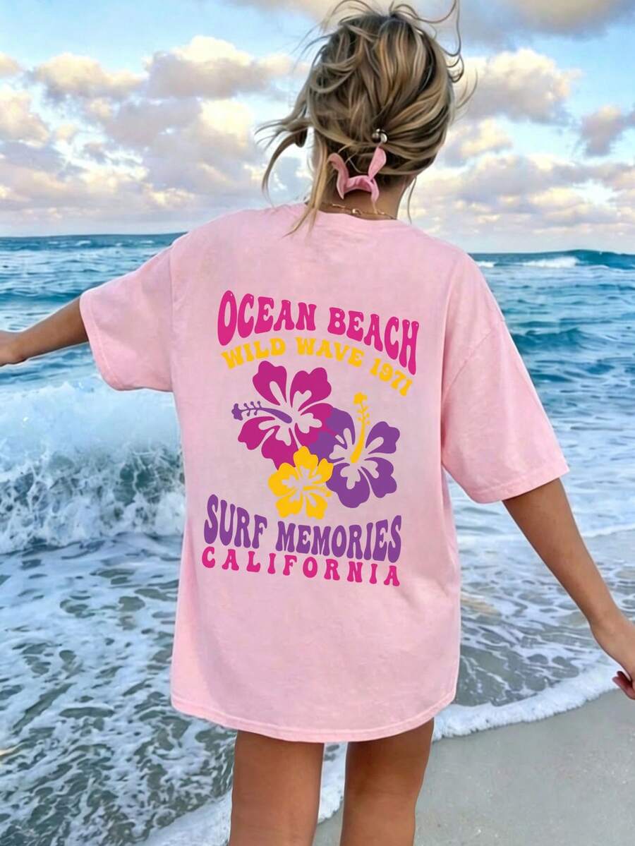 1 chiếc áo thun nữ mùa hè dáng rộng cổ tròn tay ngắn, kiểu dáng vintage phong cách lướt sóng California và họa tiết hoa Anh Quốc, thích hợp cho đi biển, công sở, dã ngoại, hàng ngày, hẹn hò, tiệc tùng, tụ họp, dạo phố. - Hồng - Xem 1