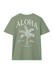 Camiseta de manga corta con cuello redondo y estampado de palmeras para mujer, estilo casual, nueva colección primavera/verano, estilo resort a la moda, camiseta gráfica, para vacaciones. - Verde hierba - Ver 2