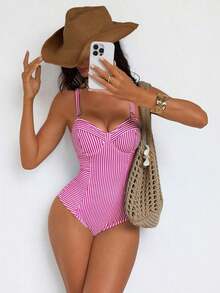 Traje de baño de una pieza con control de abdomen, con cordón, espalda descubierta, a rayas azul y blanco, con efecto push-up, para playa, resort y fiesta - Rosa - Ver 5