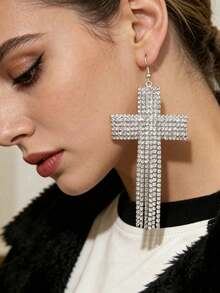 Sparkling Claw Chain Jewelry, Glamorous Party Style Cross Pendant Earrings, Exaggerated Large Earrings For Women - Silver - View 1