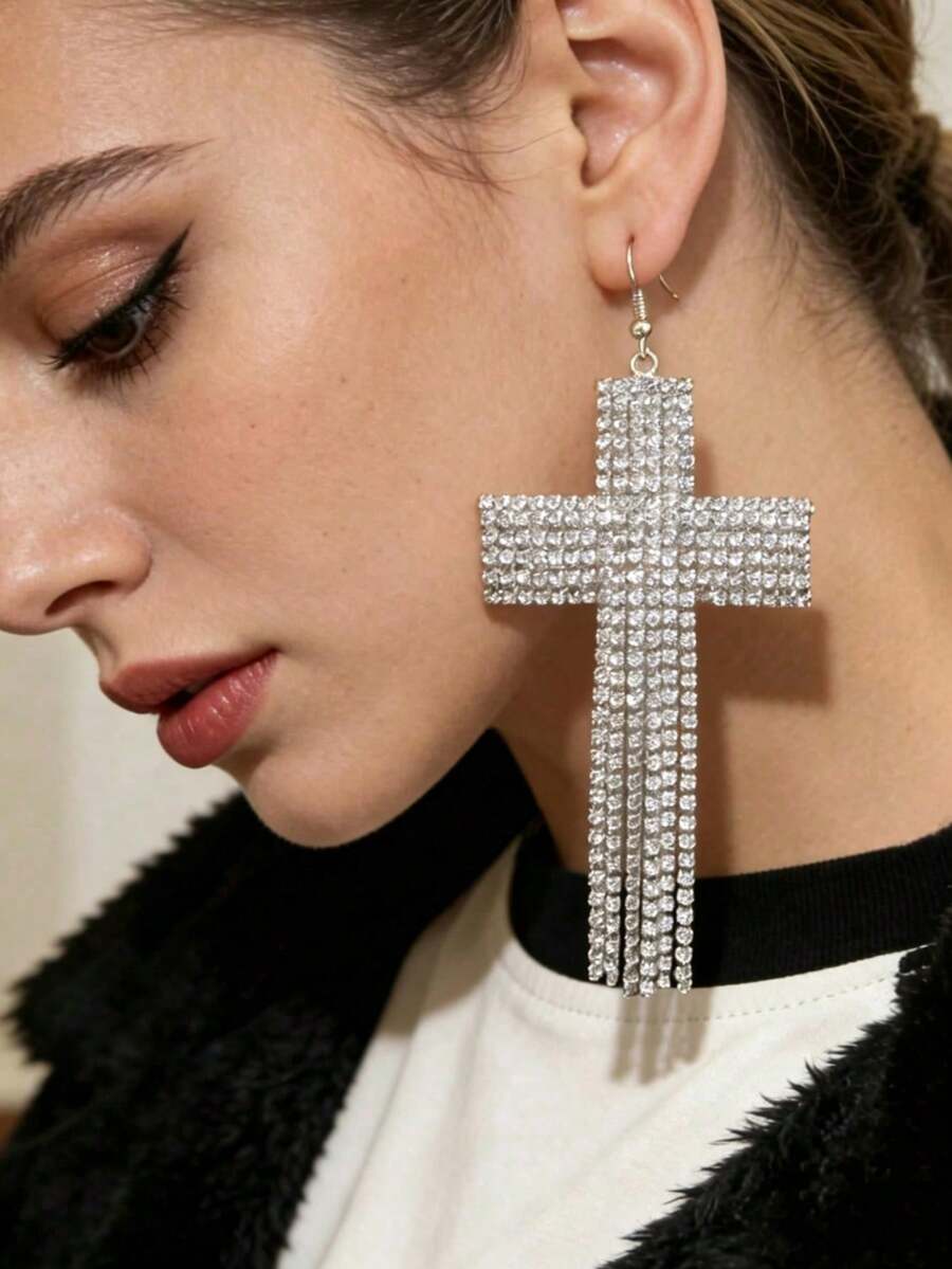 Sparkling Claw Chain Jewelry, Glamorous Party Style Cross Pendant Earrings, Exaggerated Large Earrings For Women - Silver - View 1