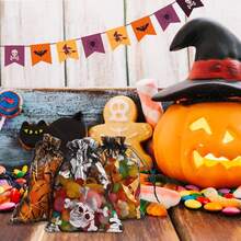 50pcs/10pcs Optional Halloween Gift Packaging Bags, Halloween Atmosphere Organza Bags Suitable For Halloween Gift Packaging, Drawstring Design For Easy Use, Various Patterns Such As Spider Web, Bat, Pumpkin, Elf, In Black And Orange Colors, Applicable For Trick Or Treat Party, Halloween Party, Holiday Decoration, Random Style - Multicolor - View 2