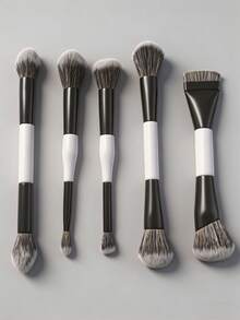 5pcs Professional Dual-Ended Makeup Brush Set, Perfect Makeup Brush 5-Piece Set For Face & Eye Makeup, Including Foundation Brush, Eyeshadow Brush, Contour Brush, Concealer Brush, Blush Brush, Powder Brush, Highlighter Brush, Essential Makeup Tools For Daily Use, Beginner Makeup Kit, Gift For Her - Black and White - View 6