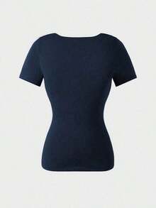 Blusa de manga corta y cuello redondo casual y elegante, adecuada para uso diario, ir al trabajo y salir, primavera/verano blanco - Azul marino - Ver 7