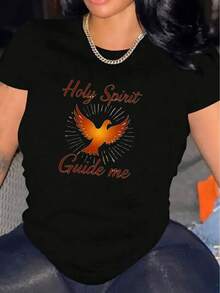 Camiseta casual de manga corta para mujer para Halloween, 1 pieza, 100% algodón grueso - Cuello redondo cómodo, camiseta suave y bonita. - Negro - Ver 1