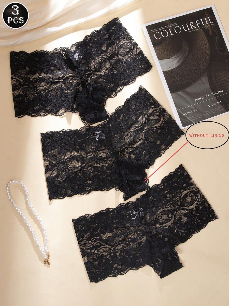 3 piezas Bragas con adorno de encaje negro para mujer, sexy y cómodas - Multicolor - Ver 1
