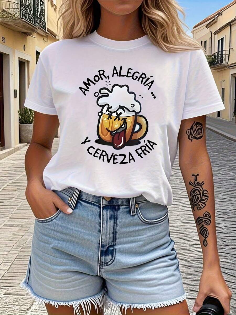 Estilo de vida divertido: 'AMOR, FELICIDAD Y CERVEZA FRÍA' en español. Camiseta estampada con eslogan 'Amor y cerveza fría' para mujeres, manga corta, cuello redondo, top casual para primavera y verano. - Blanco - Ver 1