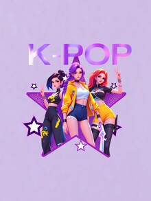 女团印花圆领短袖T恤+K-POP字母图案紧身短裤春夏新款女童两件套 - 彩色 - 查看 4