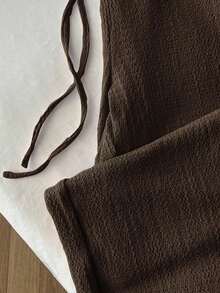 Pantalones casuales de mujer de corte relajado y cintura baja con textura vintage, pantalones rectos de unicolor estilizadores, versátiles para la primavera - Marrón 3 - Ver 2