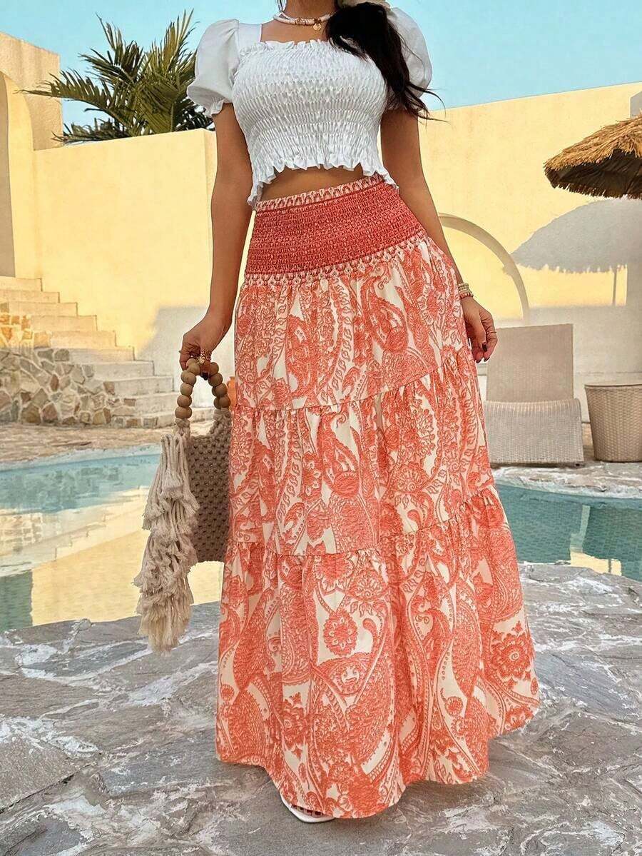 Falda Estampada Bohemia para Mujer, Ropa Casual para Vacaciones Diarias, Primavera/Verano - Amarillo pálido - Ver 1