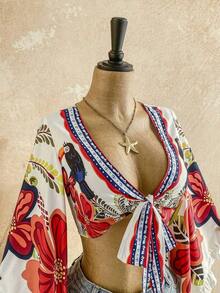 Conjunto de Verano para Mujer, Casual para Vacaciones, Blusa con Estampado de Leopardo, Manga Acampanada y Puño con Volantes, con Lazo Frontal - Naranja - Ver 9