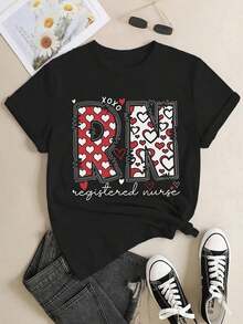 Camiseta Casual RN para Regalo de San Valentín: Camiseta de Agradecimiento para Enfermeras - Camiseta Casual Negra con Diseño de Corazones Rojos y Blancos, Talla Grande para Mujer, Lavable a Máquina, Cómoda para Primavera, Verano y Otoño, Camiseta de Enfermera de INFASHULE, 100% Algodón, Duradera - Blanco - Ver 1