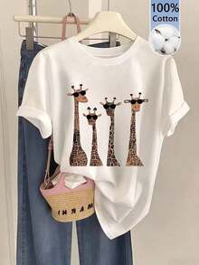 Camiseta de verano premium para mujer, de manga corta y cuello redondo, con estampado de jirafa, corte casual regular, con tela ligeramente elástica, adecuada para uso diario en verano, color blanco. - Blanco - Ver 1