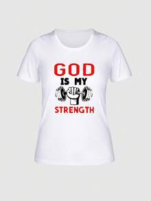 Camiseta inspiradora para mujer con estampado "Dios es mi fuerza", cuello redondo, patrón geométrico, longitud regular, estilo casual, tela, primavera y otoño, camiseta con temática de fitness. |    Camiseta estampada |   Parte superior lavable a máquina - Blanco - Ver 2