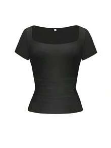 Blusa ajustada y sexy de punto para mujer , camiseta casual de cuello cuadrado de unicolor, primavera/verano - Negro - Ver 3