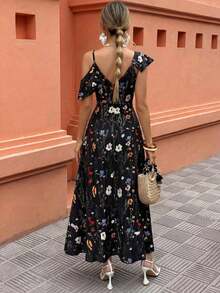 Vestido de flores con volantes asimétricos elegante de verano - Negro - Ver 3