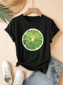 Women's Short-Sleeved T-Shirt With Lemon Print - Cute Lemon Slice And Citrus Fruit Graphics, Round Neck Casual Summer Blouse, Machine Washable Everyday Top For The Office Or Home - Summer Essentials With Lemon Slice Motif - Black - View 6