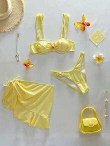 2026 Conjunto de traje de baño tipo tankini de 3 piezas de unicolor, con diseño de tirantes anchos y soporte con aros, estilo de playa de moda, perfecto para vacaciones en la playa y fiestas en la piscina durante el verano - Amarillo - Ver 3