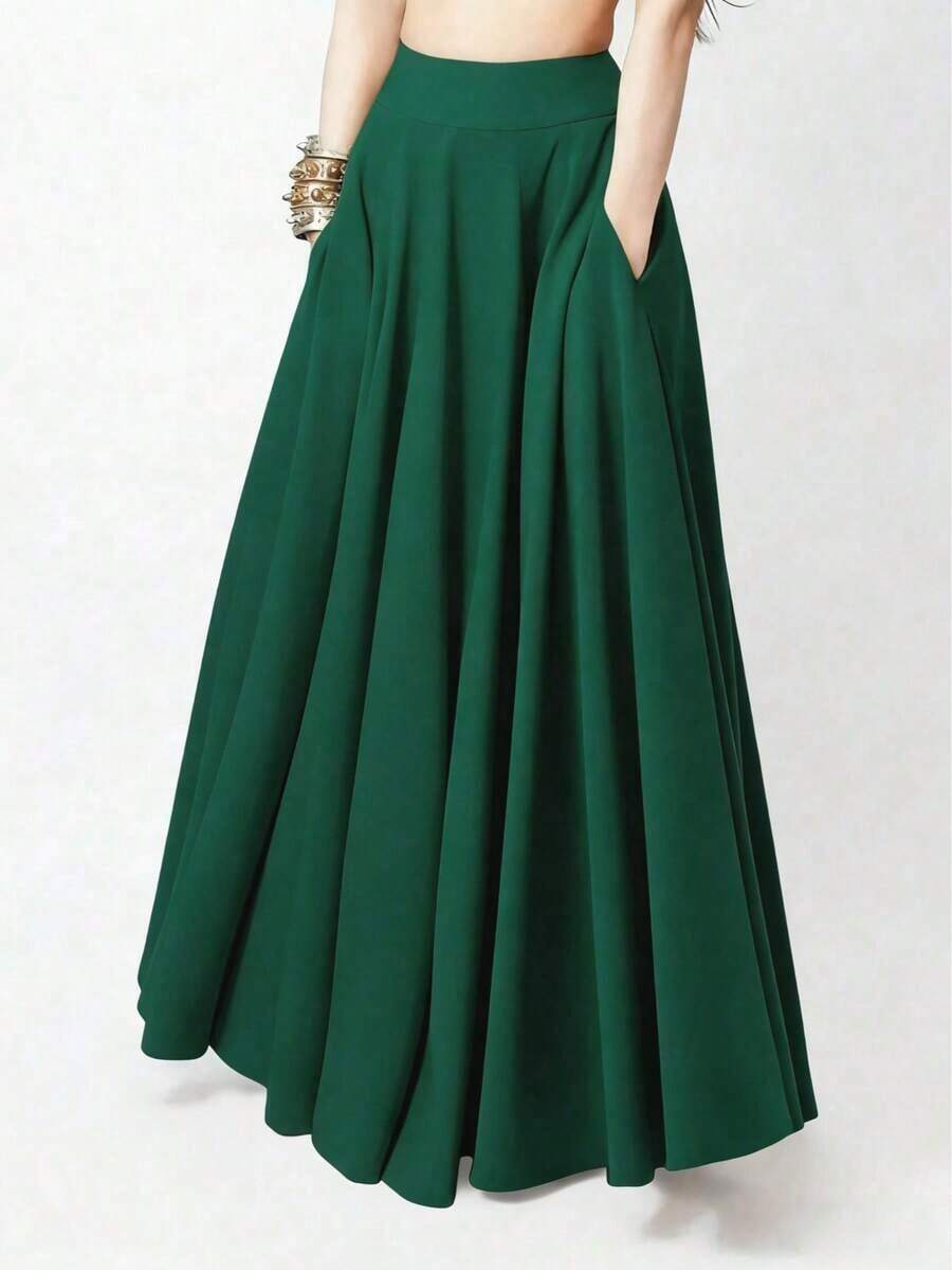 Falda larga casual de unicolor con bolsillos laterales, primavera negro - Verde - Ver 1