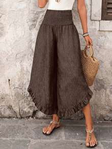 Pantalones anchos de cintura alta con volantes, estilo casual para vacaciones, aptos para primavera, verano y otoño - Marrón - Ver 8