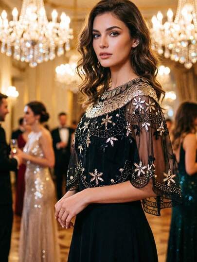 1920s Glitter Floral Embroidered Vintage Lightweight Shawl, Suitable For Evening Dress, Black And Gold Tone