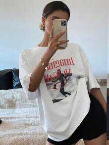 Camiseta de mujer de manga corta y cuello redondo holgada con estampado de letras, camiseta gráfica de verano oversize, top preppy - Multicolor - Ver 1