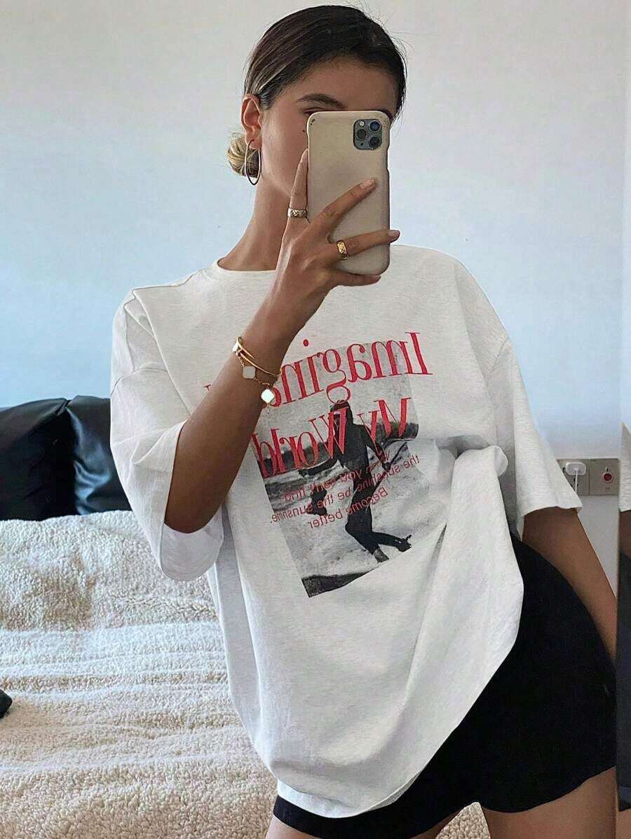 Camiseta de mujer de manga corta y cuello redondo holgada con estampado de letras, camiseta gráfica de verano oversize, top preppy - Multicolor - Ver 1