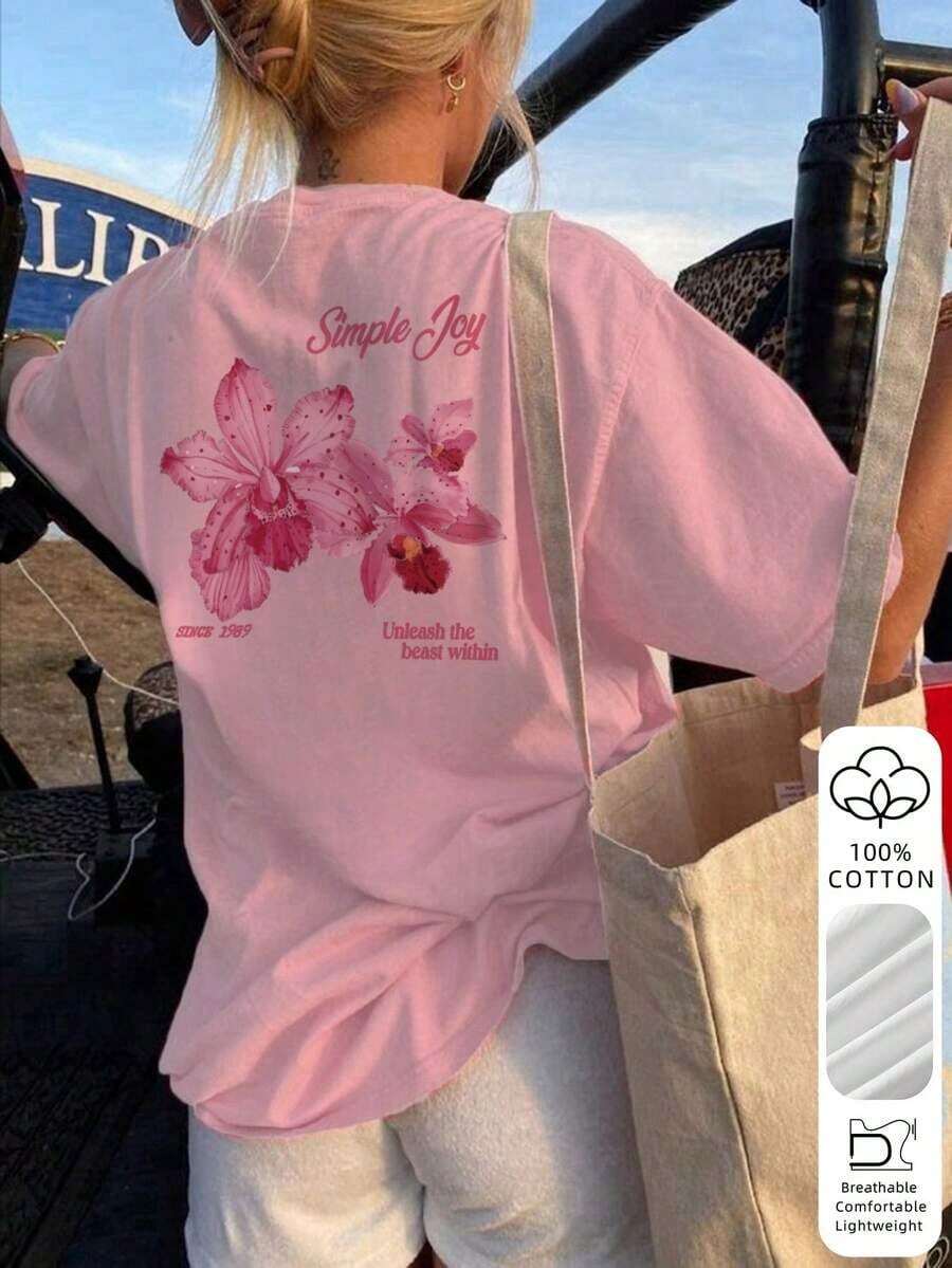 Camiseta de mujer de cuello redondo con estampado de letras y flores de colores, versátil y de moda, camiseta de mujer con estampado de vacaciones, casual blanca de verano Playeras Deportivas Para Mujer