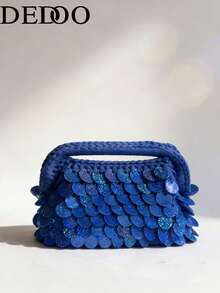 Dedoo 2026 Nuevo Clutch de Fibra Natural, Bolso de Playa de Verano Tejido a Mano de Paja de Hierba Raffia, Bolso Tejido de Paja - Azul - Ver 2