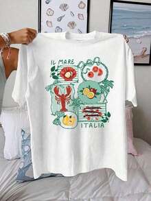 ropa de mujer Camiseta 100% Algodón con Estampado de Elementos Marinos, Camiseta Lobster Feast, Camiseta Preppy Coquette Girly, camisas de mujer - Blanco - Ver 2