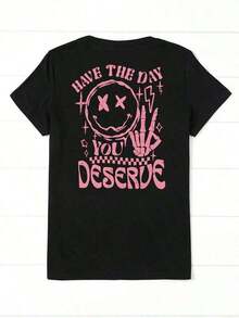 3 piezas 1 pieza Camiseta gráfica para mujer 'Ten el día que te mereces' - Negra, transpirable, de manga corta y cuello redondo, con diseño de cara feliz y letras, ropa casual de verano, 180g, camisetas gráficas para mujer, ropa% algodón para mujer, blusas de verano para mujer.|Moda Urbana Local de Primavera/Verano||Uso Casual Diario Primavera Verano Moderno Moldeador|Conjunto de verano para mujer, ropa para vacaciones|Blusas elegantes para mujer, ropa de primavera, blusas de verano. - Negro - Ver 5