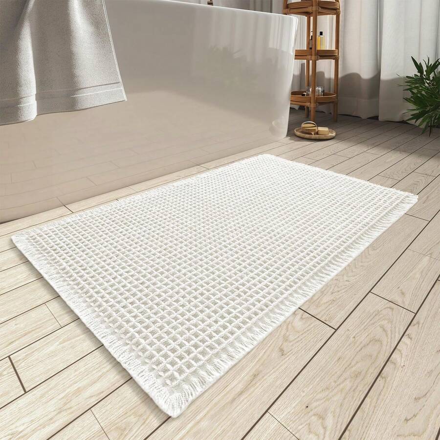 Waffle Bath Mat, Absorbent Non Slip Bathroom Rug With Tassels, Rubber Backed Floor Mat, Machine Washable Decorative Mat For Bathroom, 17" X 24", Brown - 白色的 - 查看 1
