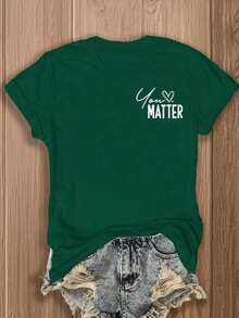 Camiseta de cuello redondo de manga corta con estampado de lema de verano informal para mujer - Verde Oscuro - Ver 2