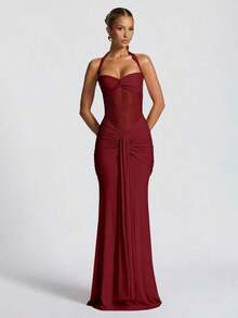 Vestido con tirantes finos, espalda descubierta, cintura ceñida y abertura alta, vestido de fiesta de vacaciones con parches de malla para boda - Burdeos - Ver 6